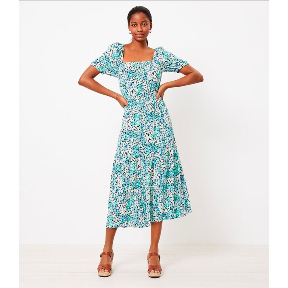 Loft Ditzy Floral Bohemian Blue Teal Puff Sleeve Midi Tiered Dress XL Petite